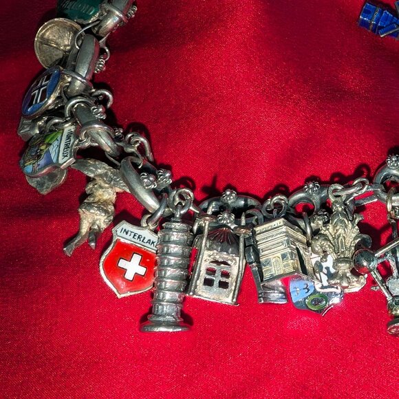 Sterling Silver Charm Bracelet 27 Sterling Charms Travel 64.8 Grams 7.5" Vintage - Picture 4 of 16